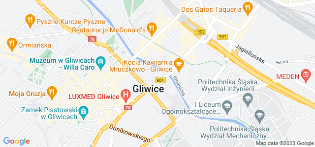 Mapa dojazdu Śródmieście - Kościół pw. św. Barbary - Wojskowa Gliwice